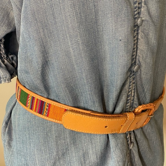 Omega VTG Colorful Cotton Striped and Honey Tan Leather Guatemalan Belt Size L - Picture 8 of 9